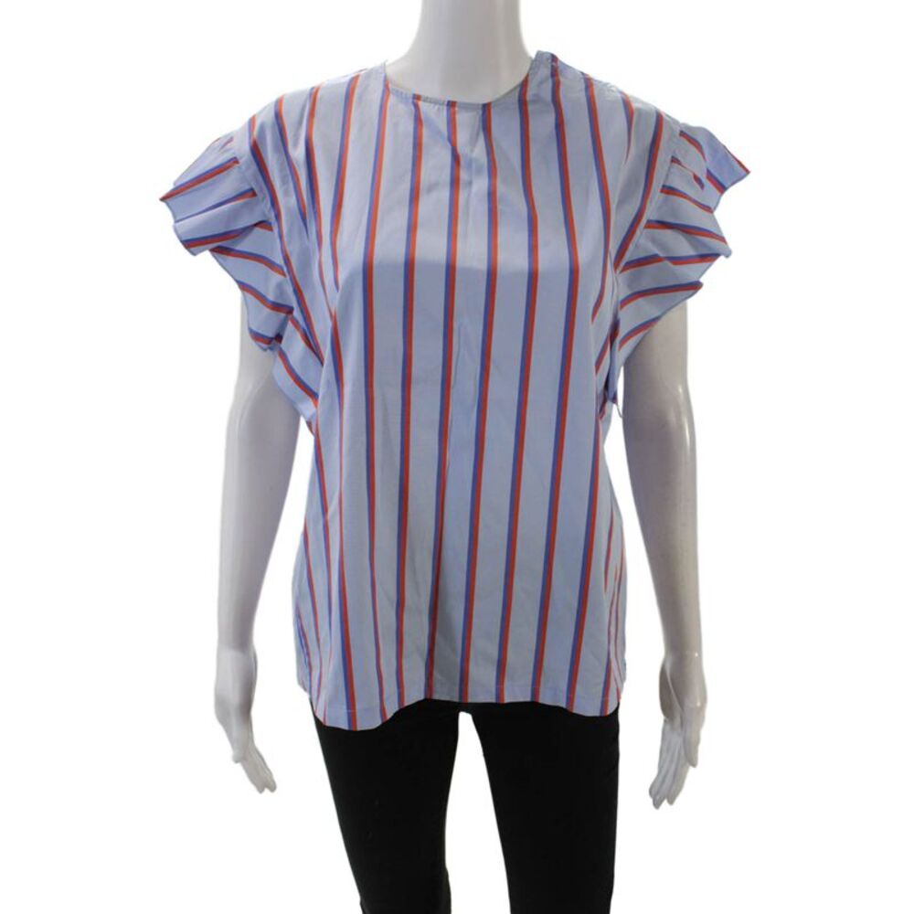 Kule Womens Cotton Striped Buttoned Short Sleeve Blouse Top Blue Size S
